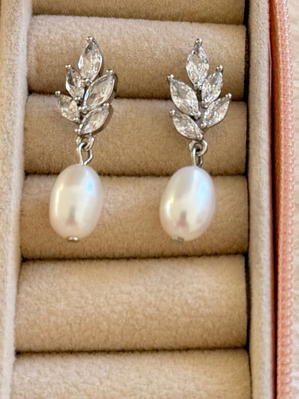 Bridal Freshwater Pearl Drop Earrings with Crystal Leaf Accent